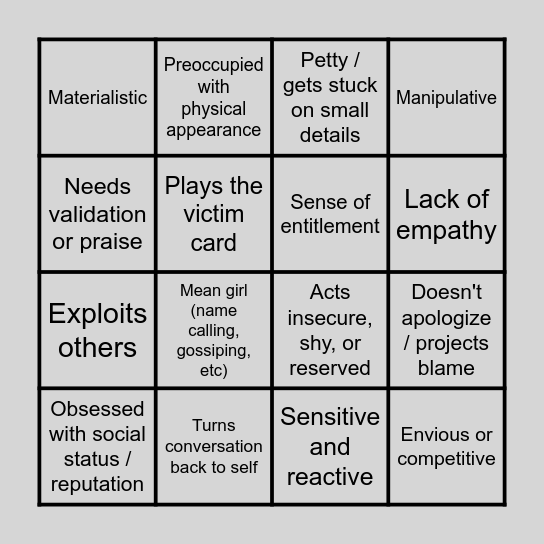 Narcissist Bingo Card