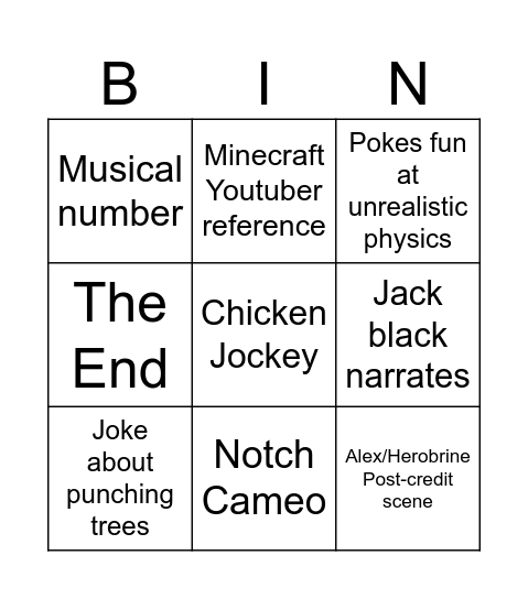 Minecraft Movie Bingo Card