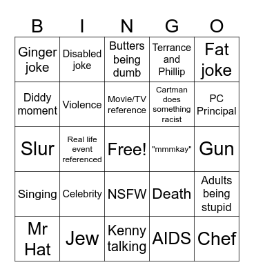 South Park Bingo Card