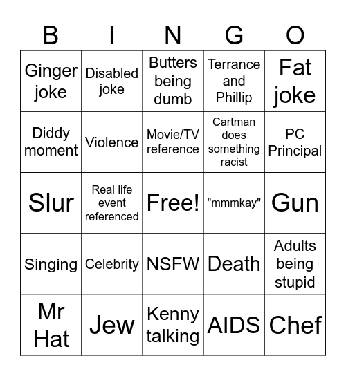 South Park Bingo Card