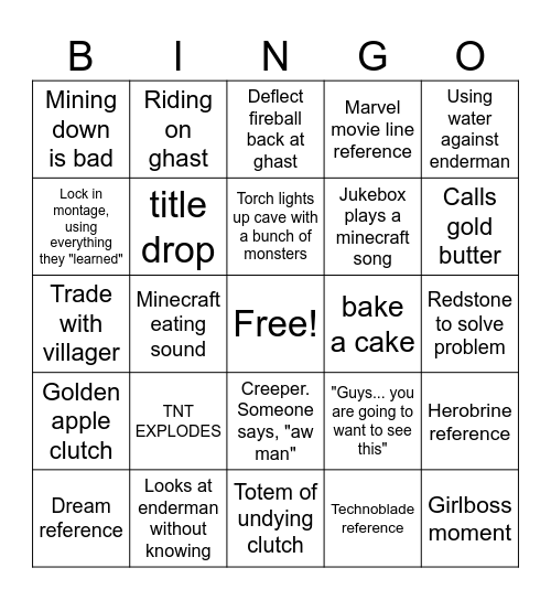 Minecraft Movie Bingo Card