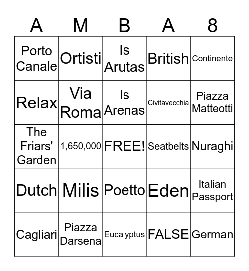 Day Eight: In Sardinia  Bingo Card