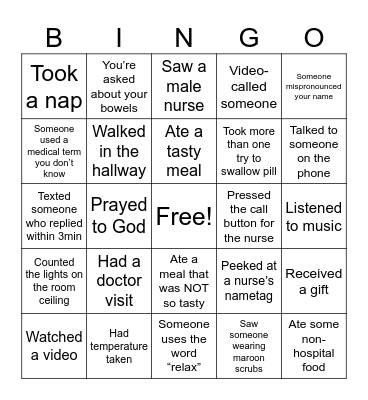 Hospital Stay Bingo Card