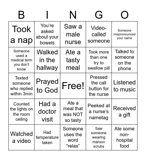 Hospital Stay Bingo Card