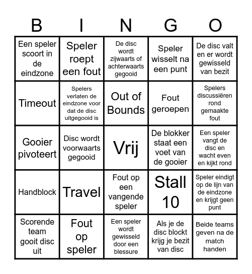 Ultimate Frisbee Rules Bingo Card