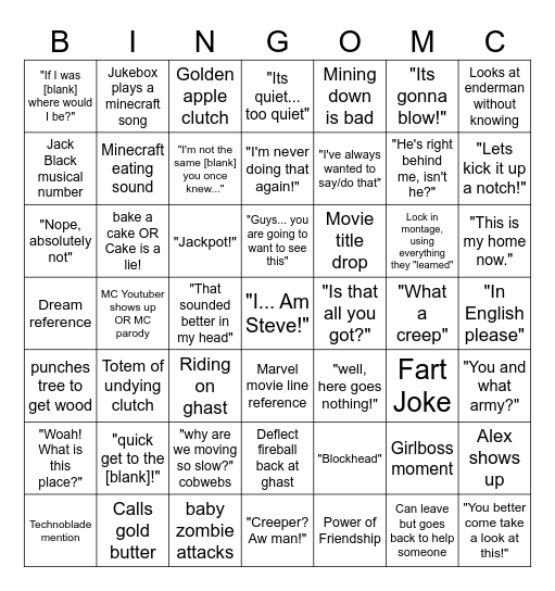 Minecraft Movie Bingo Card