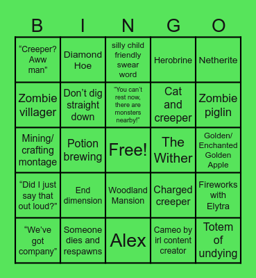 Minecraft Movie Bingo Card