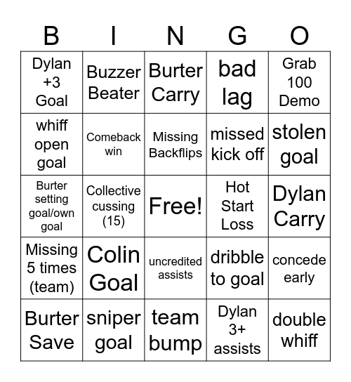 Rocket League Bingo Card