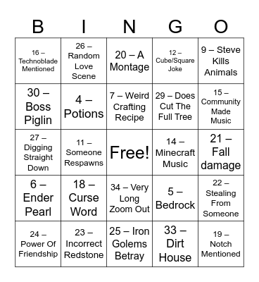Minecraft Moive Bingo Card
