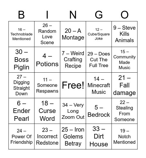 Minecraft Movie Bingo Card