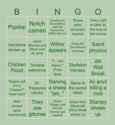 Minecraft Movie Bingo Card