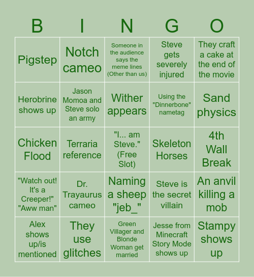 Minecraft Movie Bingo Card