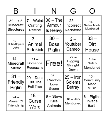 Minecraft Movie Bingo Card