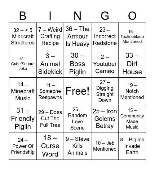 Minecraft Movie Bingo Card