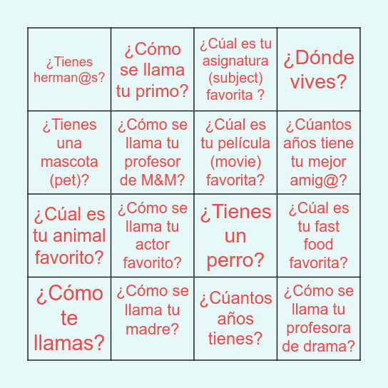 Juego Preguntas Bingo Card