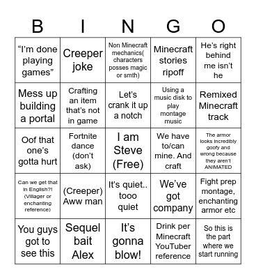 Minecarft incident (movie) Bingo Card