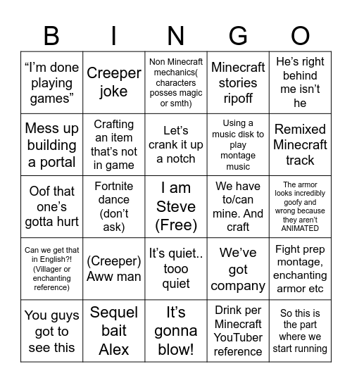 Minecarft incident (movie) Bingo Card