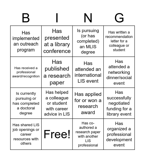 LIS Career Bingo Card