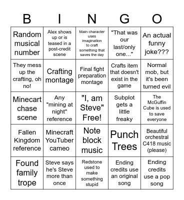 A Minecraft Movie Bingo Card