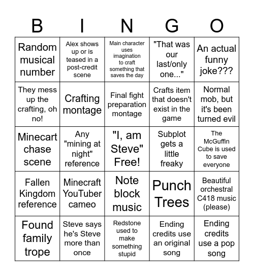 A Minecraft Movie Bingo Card