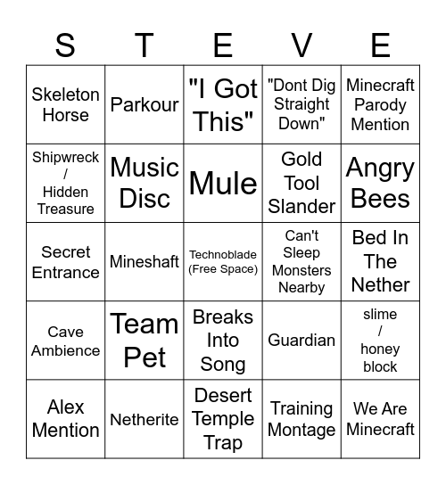 Minecraft Movie Bingo Card