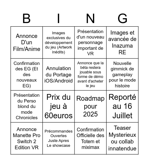 Inazuma Eleven V Showcase 11 Avril Bingo Card