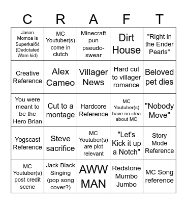 A Minecraft Movie Bingo Card
