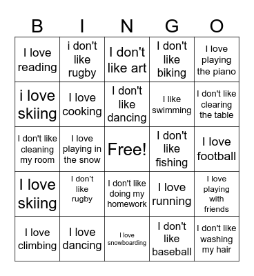I like and I don't like.... Bingo Card