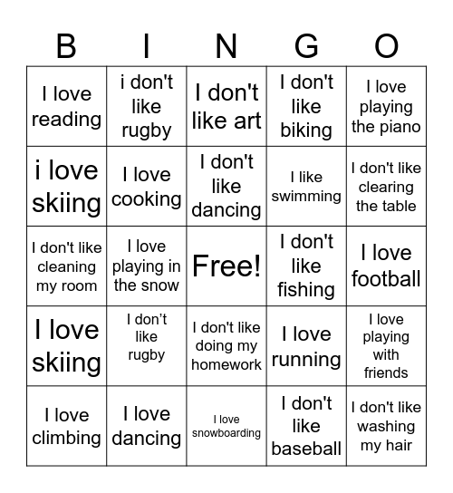 I like and I don't like.... Bingo Card