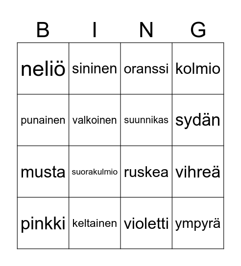 Värit ja muodot Bingo Card