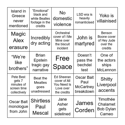 Beatles Biopic Bingo Card