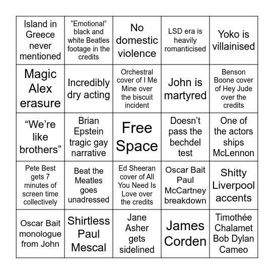 Beatles Biopic Bingo Card