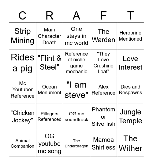 Minecraft Movie Bingo Card
