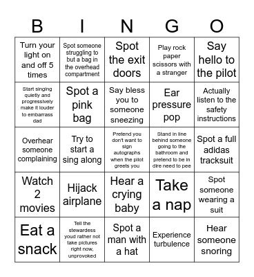 Family Airplane Bingo Card