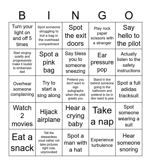 Family Airplane Bingo Card