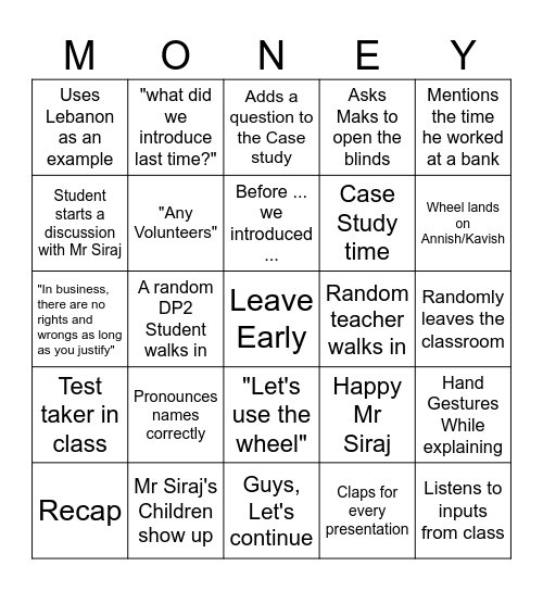 Mr Siraj Bingo Card