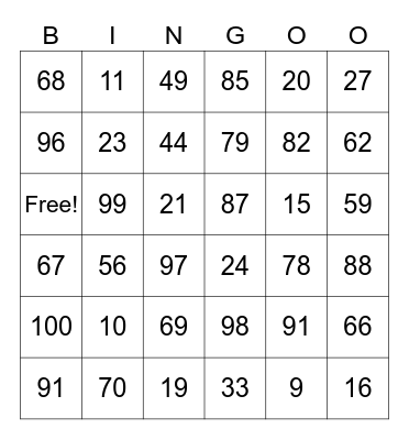 ASL Numbers Bingo Card