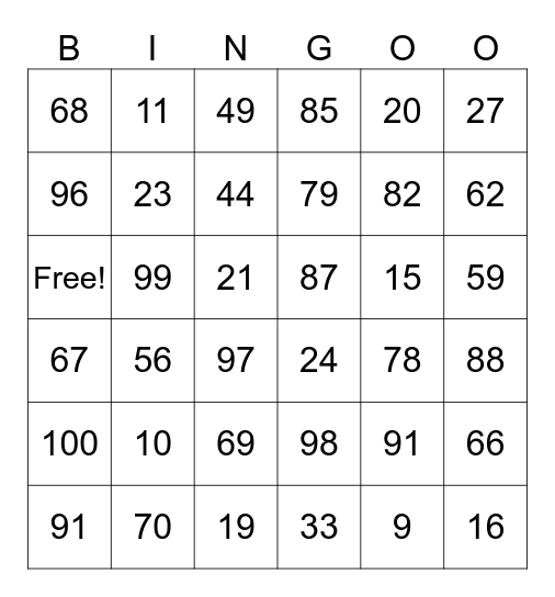 ASL Numbers Bingo Card