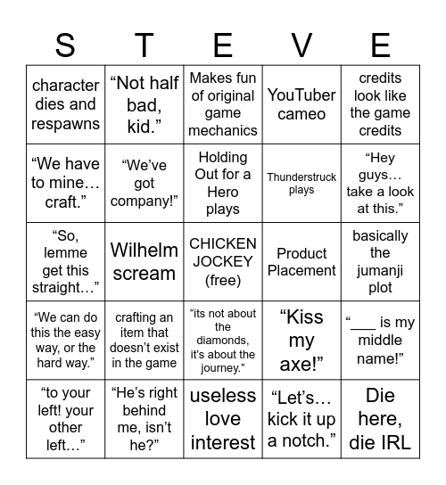 Minecraft Movie Bingo Card