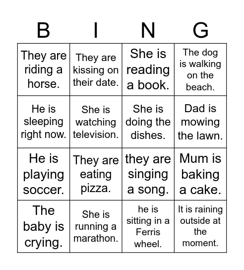 Present Continuous Bingo Card