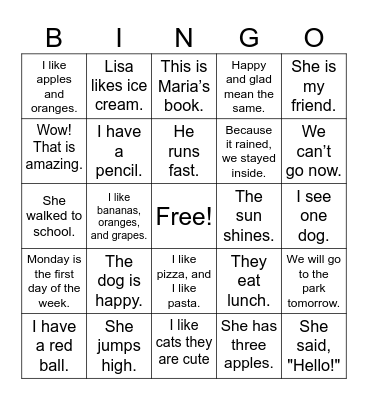 TLC - South Bend Grammar Bingo Card