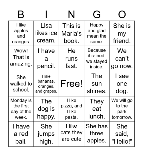 TLC - South Bend Grammar Bingo Card