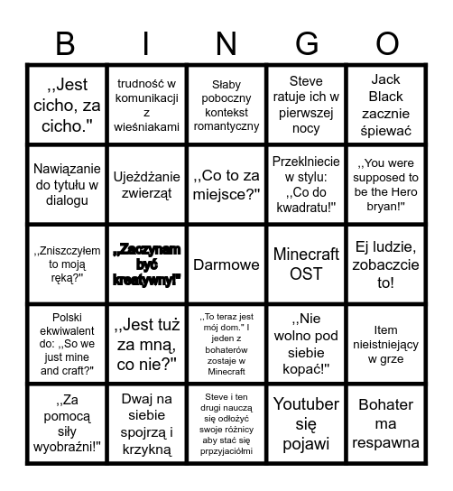 MIncefraft Film Bingo Card