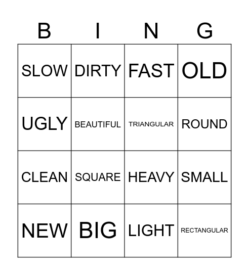 ADJECTIVE BINGO Card