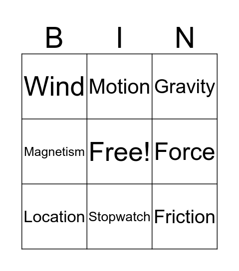 Forces and Motion Bingo Card