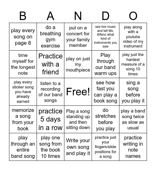 Band Bingo Challenge Bingo Card