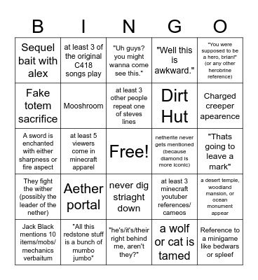 Minecraft Movie Bingo Card