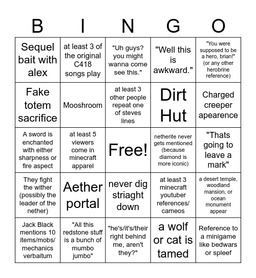 Minecraft Movie Bingo Card