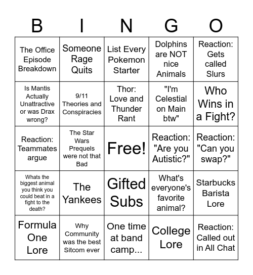 Yap Sesh Bingo Card