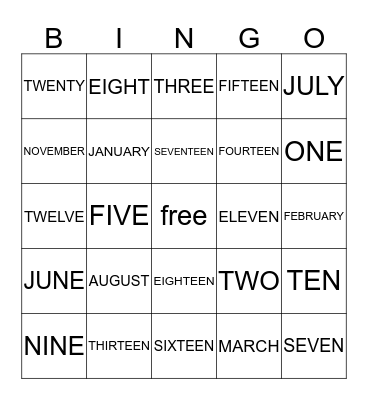 NUMBERS AND MONTHS Bingo Card